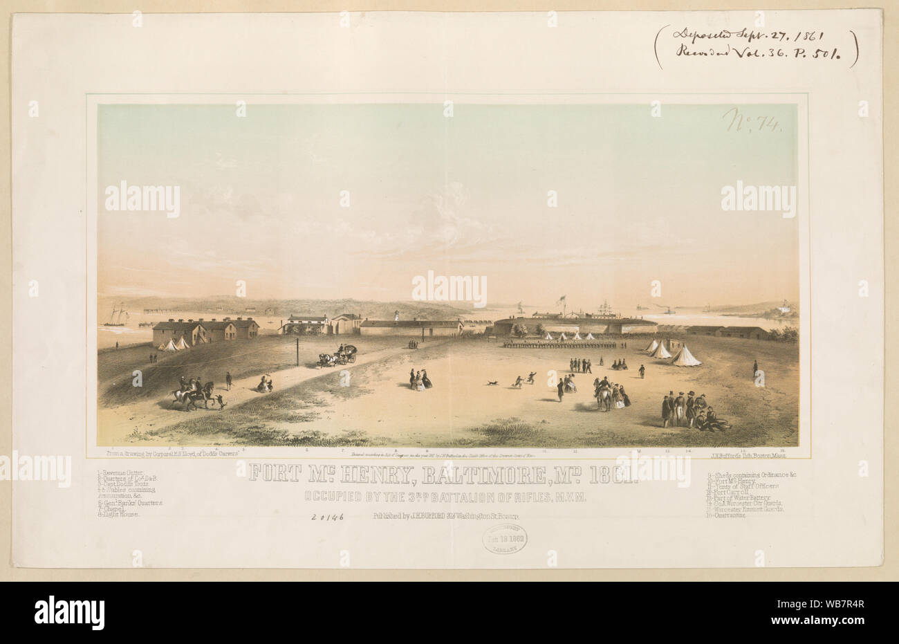 Fort McHenry, Baltimore, Md., 1861, occupied by the 3rd Battalion of Rifles, M.V.M. / from a drawing by Corporal E.S. Lloyd, of Dodd's Carvers. Abstract/medium: 1 print : lithograph, color. Stock Photo