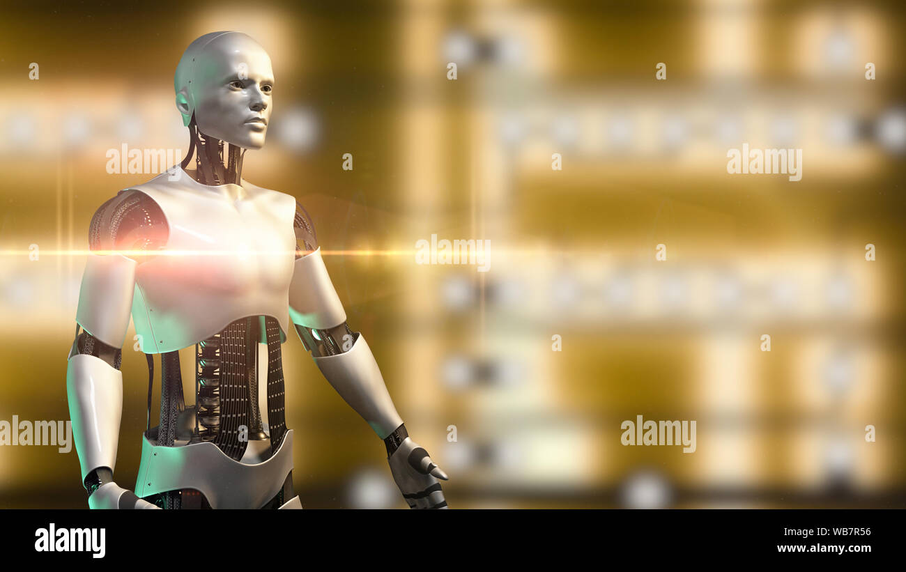 robot, humanoid cyborg showing an electrical circuit background Stock Photo