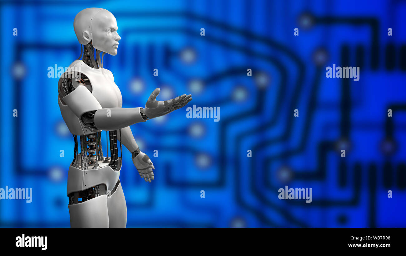 robot, humanoid cyborg presenting in front of an electrical circuit background Stock Photo
