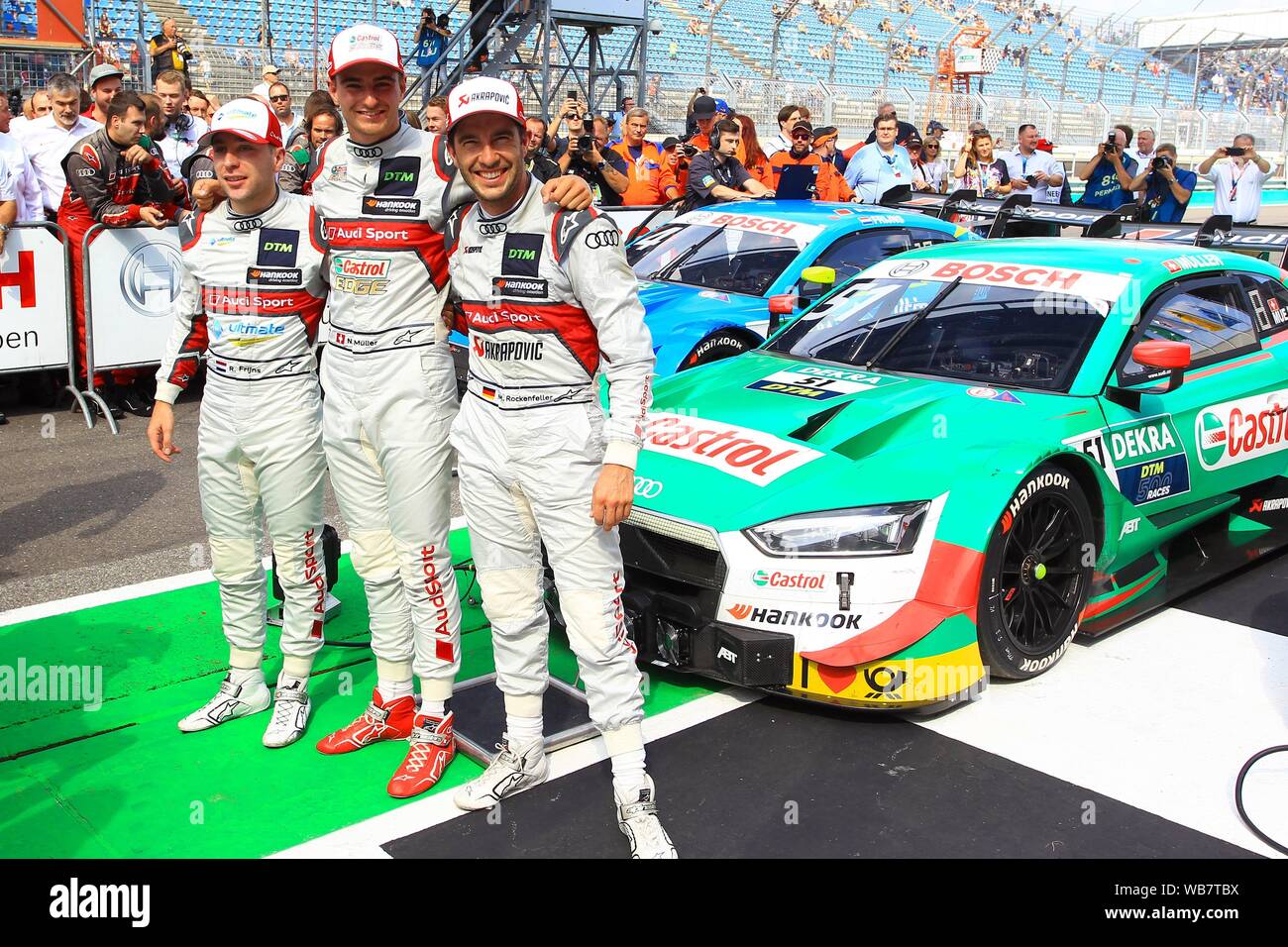 Klettwitz, Deutschland. 24th Aug, 2019. Klettwitz, Germany 23-25 August 2019: DTM Lausitzring - Race 1 - 2019 Group photo with Nico Mueller (Audi Sport Team Abt Sportsline # 51), Robin Frijns (Audi Sport Team Abt # 4) and Mike Rockenfeller (Audi Sport Team Phoenix # 99) | usage worldwide Credit: dpa/Alamy Live News Stock Photo