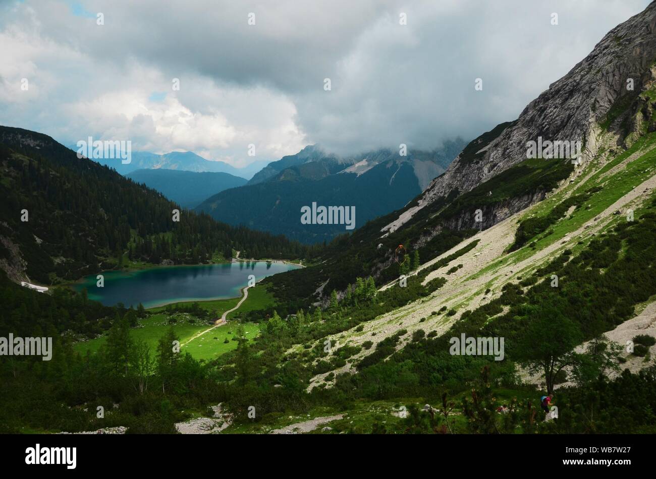Hike to Seebensee, an alpine lake in Tyrol, Austria, near the Zugspitze ...
