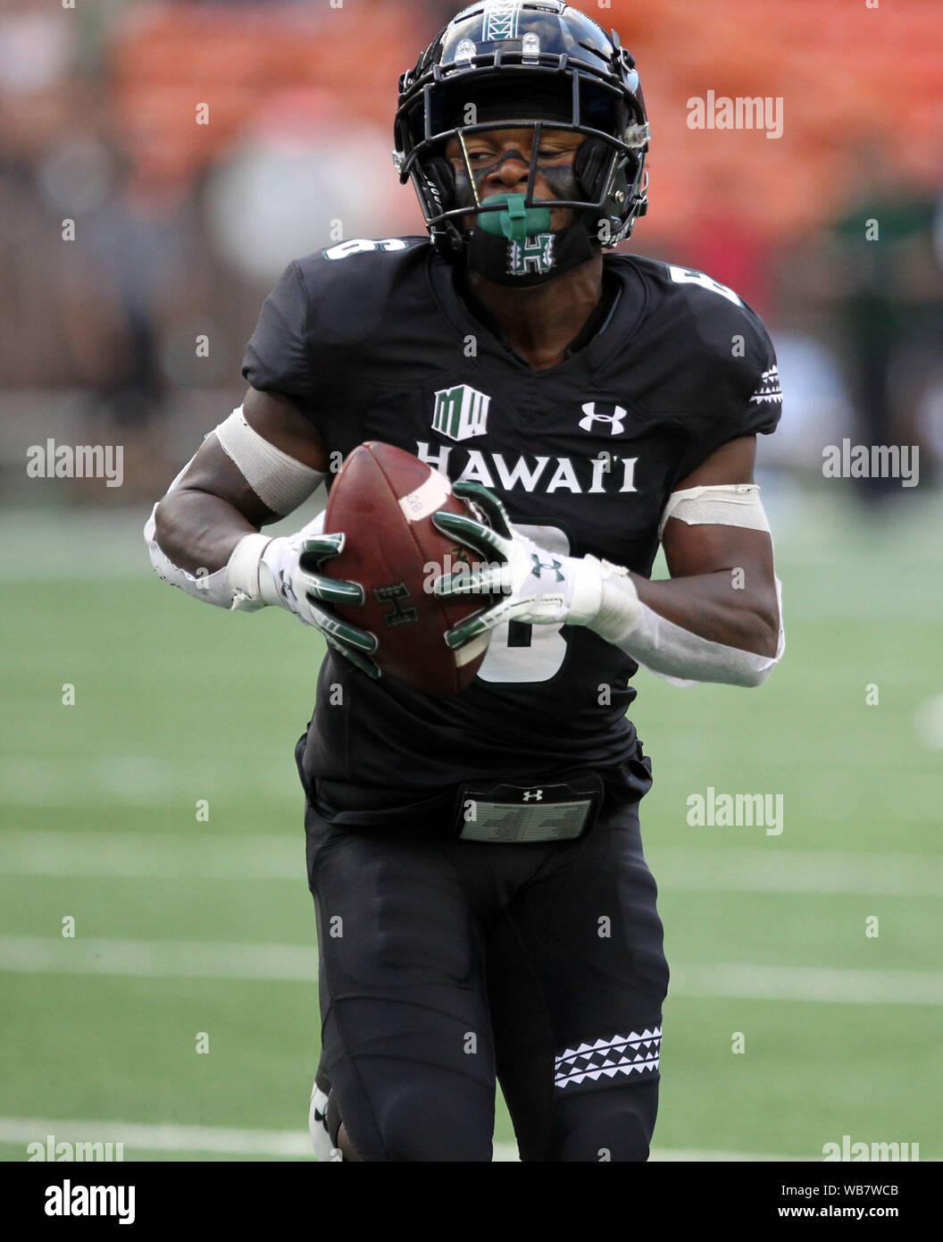 Honolulu, Hawaii, USA. 24th August, 2019. Basel, Switzerland. 25th Aug, 2019. AHawaii Rainbow Warriors wide receiver Cedric Byrd II #6 scores one of his four touchdowns on the evening during the game between the Hawaii Rainbow Warriors and the Arizona Wildcats at Aloha Stadium in Honolulu, HI - Michael Sullivan/CSM Credit: Cal Sport Media/Alamy Live News Credit: Cal Sport Media/Alamy Live News Credit: Cal Sport Media/Alamy Live News Credit: Cal Sport Media/Alamy Live News Stock Photo