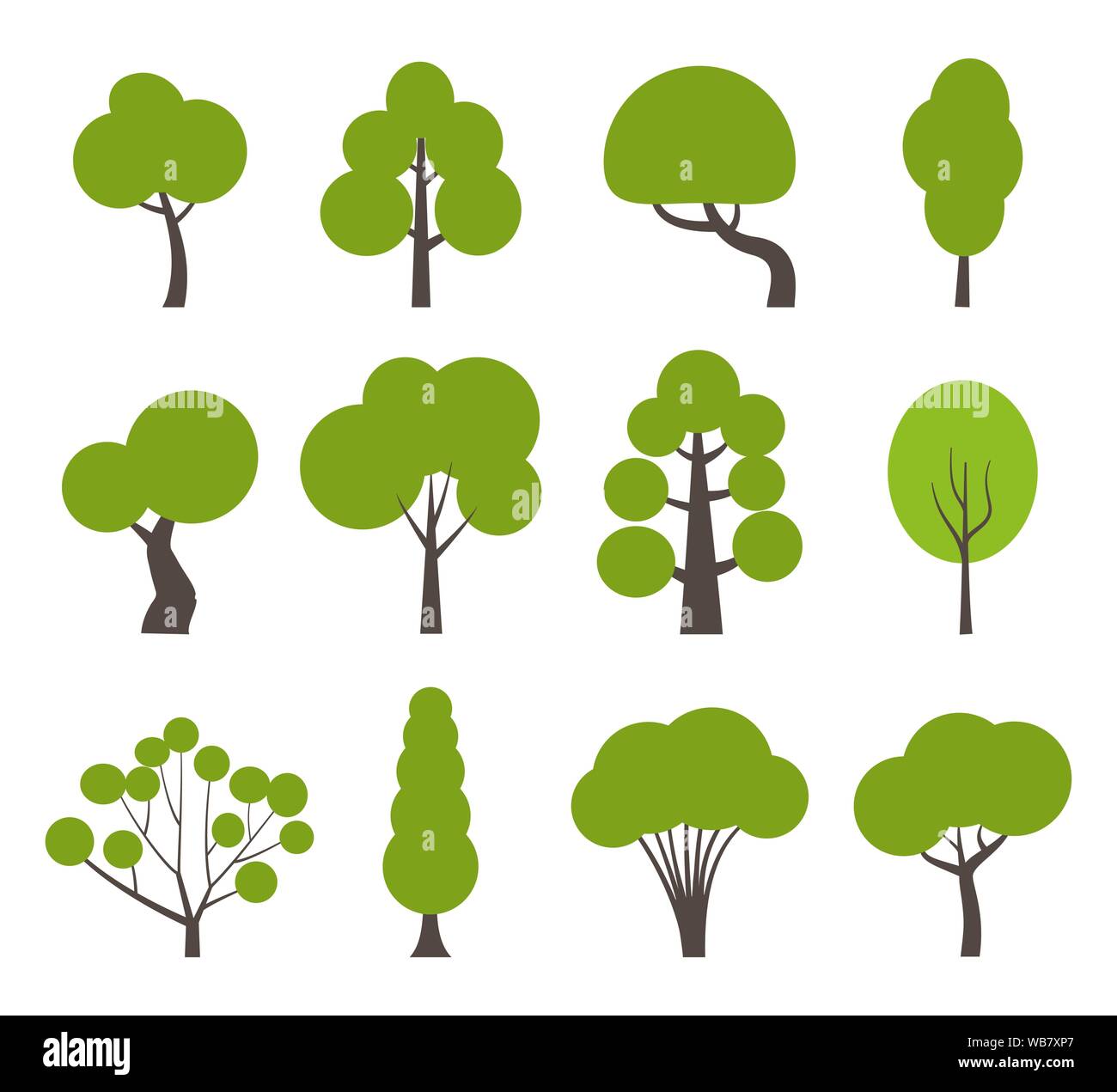 Big set of various trees. Tree icons set in a modern flat style. Pine, spruce, oak, birch, trunk, aspen, alder, poplar, chestnut, palm apple tree Vect Stock Vector