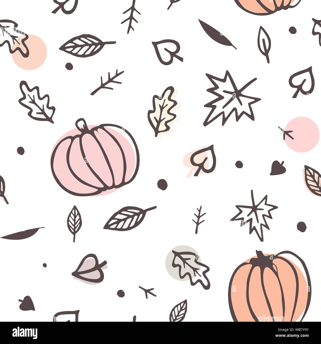 Autumn seamless pattern yellow and green fall leaves and pumpkins. Vector ornament isolated on white background. Stock Vector