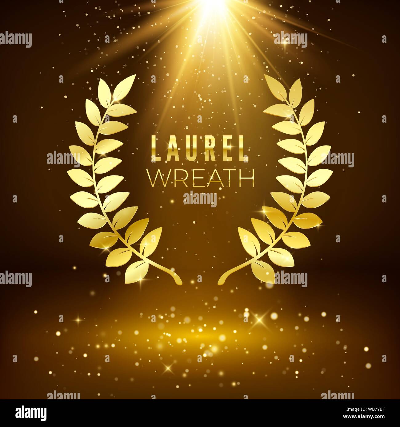 Golden shiny award sign. Laurel wreath on dark luxury background with golden glitter. Vector illustration Stock Vector