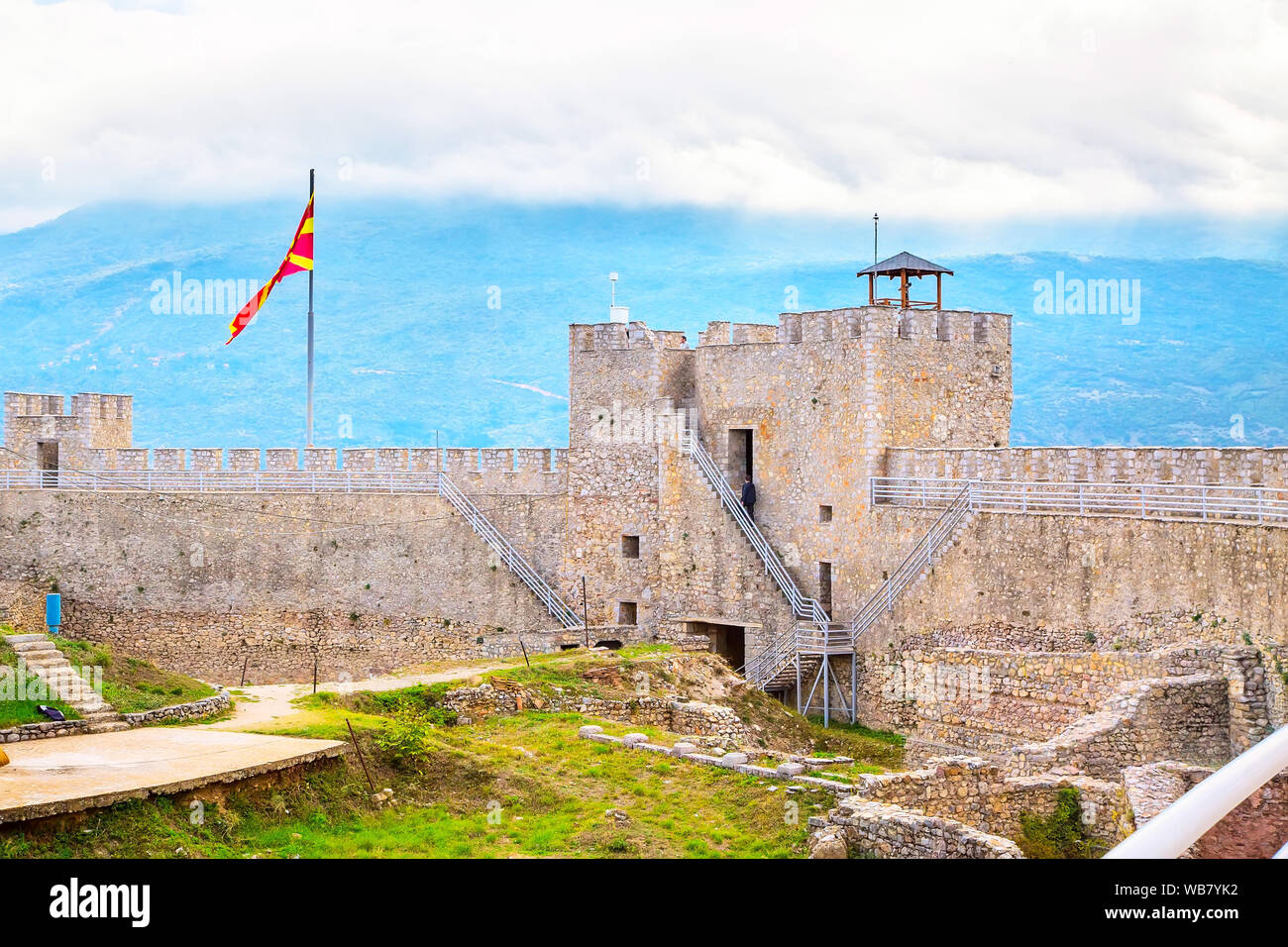 Ohrid citadel wall and flag in the Republic of Macedonia Stock Photo