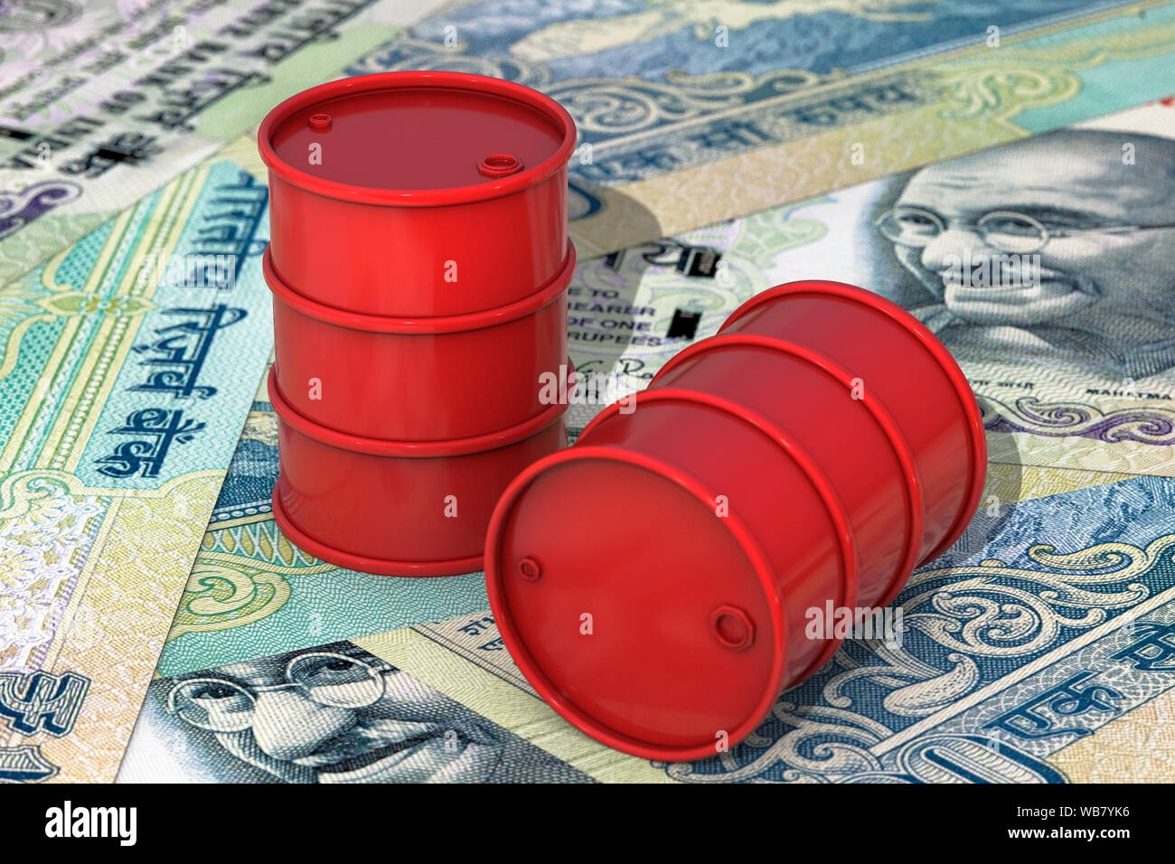 3d illustration: Red barrels of oil lie on background of Indian rupees banknotes, India. Petroleum business, black gold, gasoline production. Purchase Stock Photo