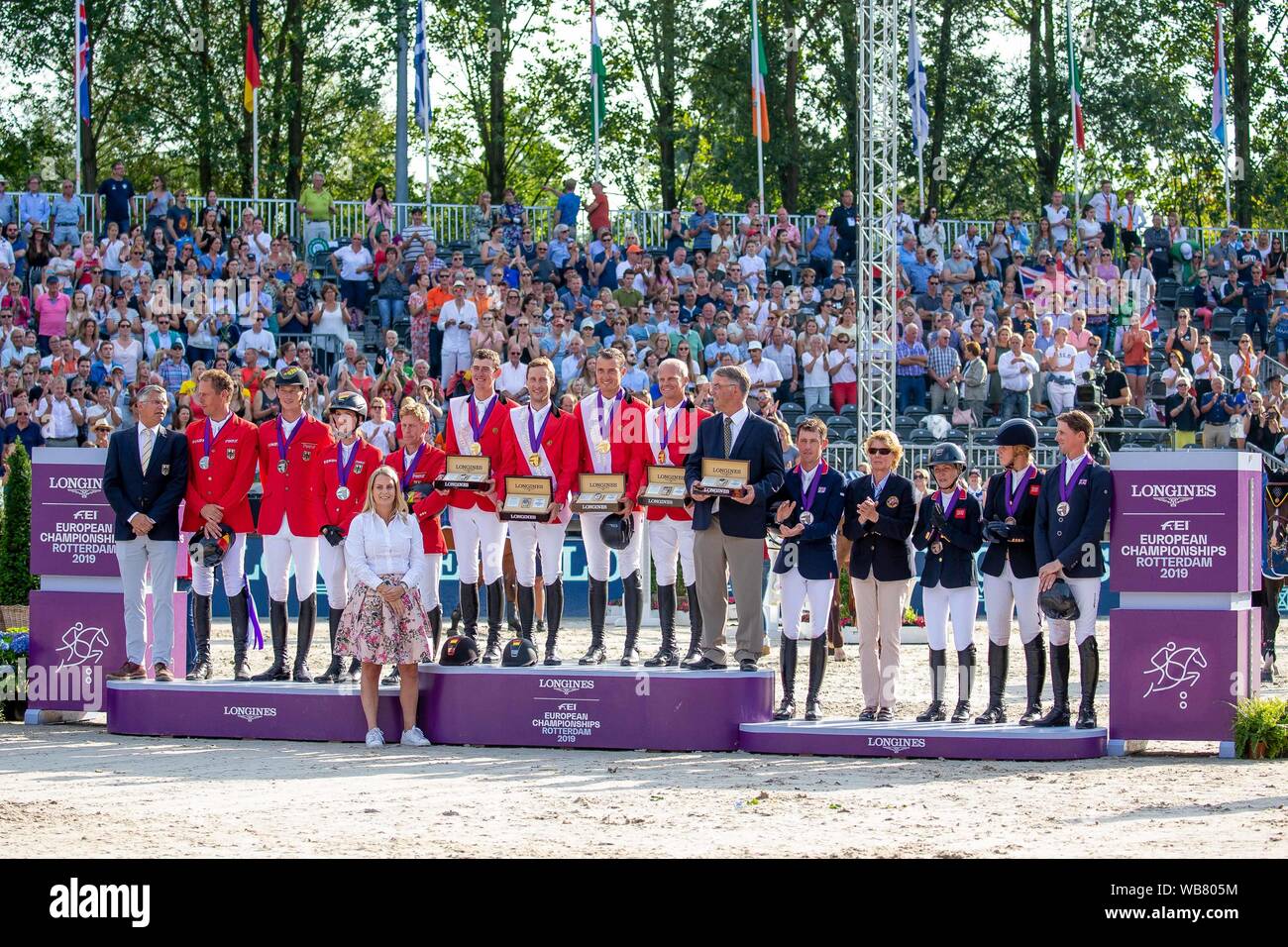 Rotterdam. Netherlands. 23 August 2019. The winners on the Podium in the prizegiving for the Team Final. Showjumping. Longines FEI European Championships. Credit Elli Birch/SIP photo agency/Alamy live news. Stock Photo