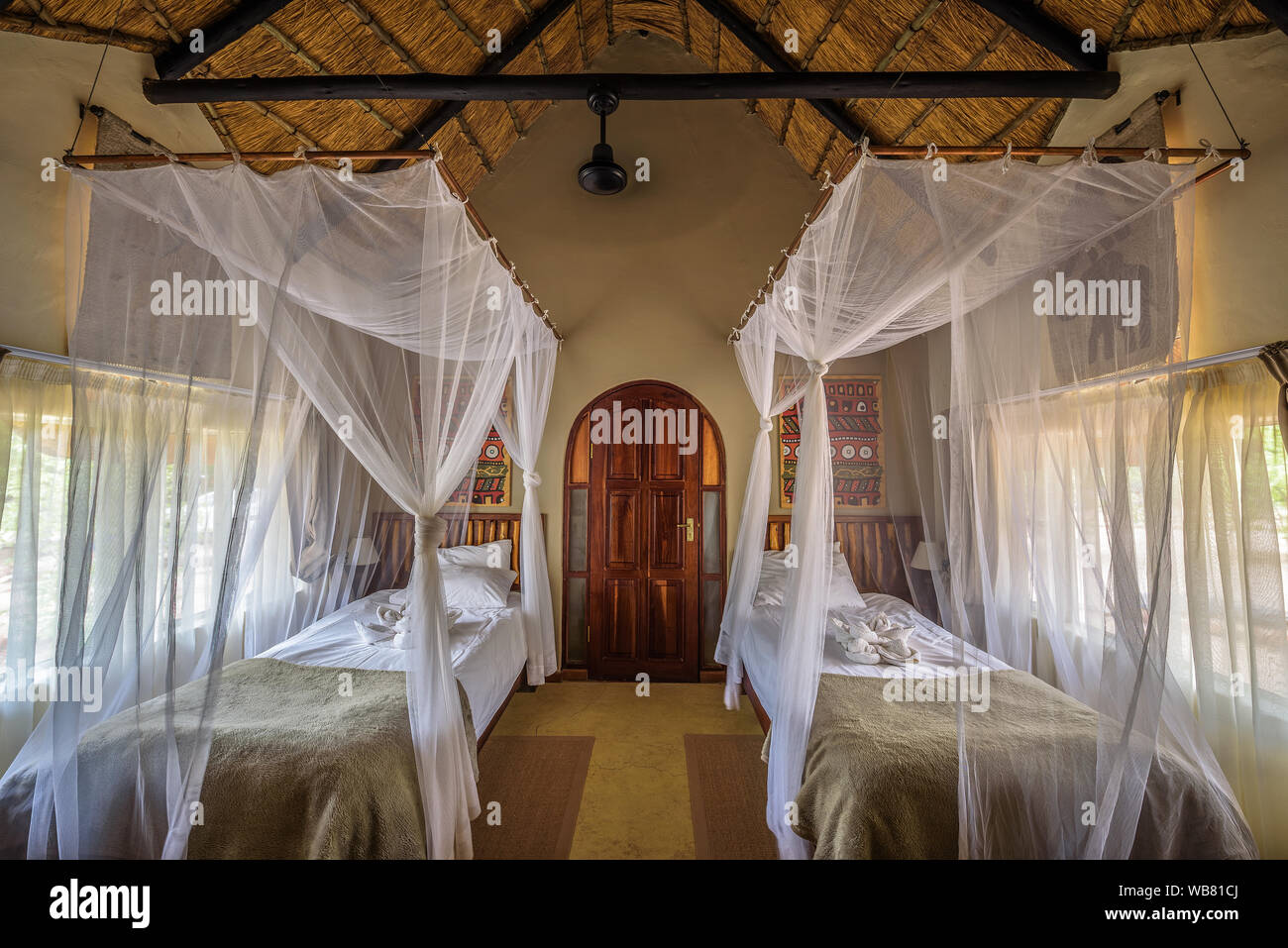 Chalet interior of the Hobatere Lodge near Etosha National Park, Namibia Stock Photo