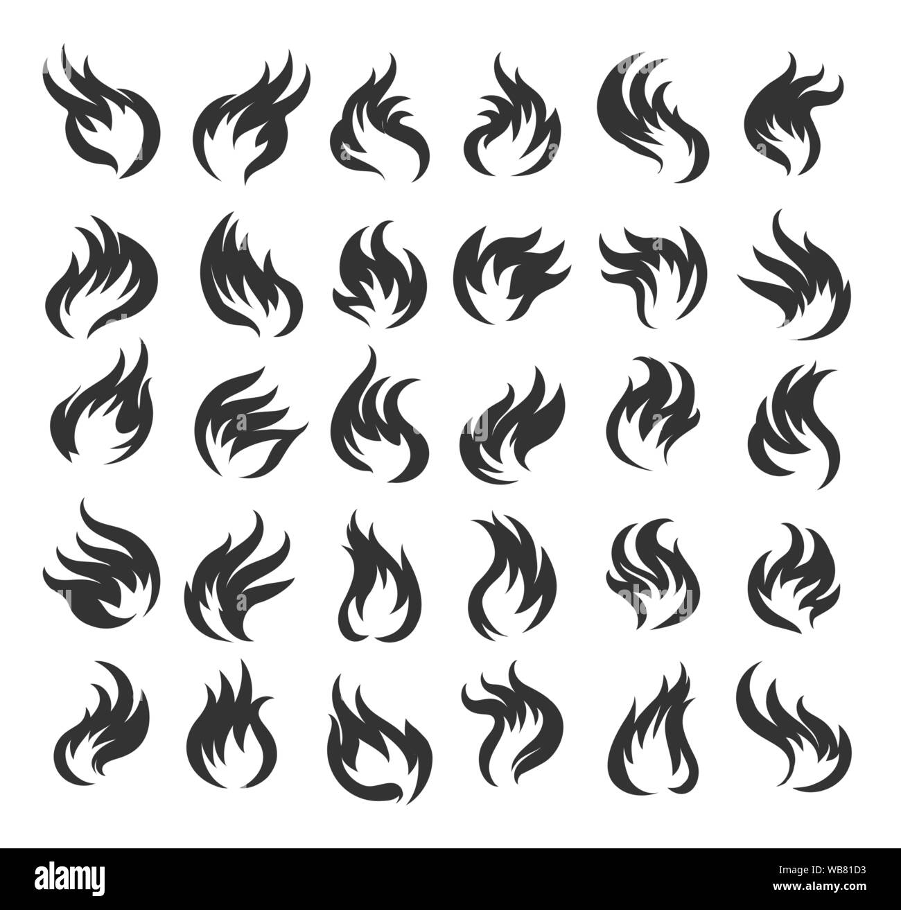 Fire flames Icon set. Thirty vector icons of fire on white background. Vector Illustration Stock Vector