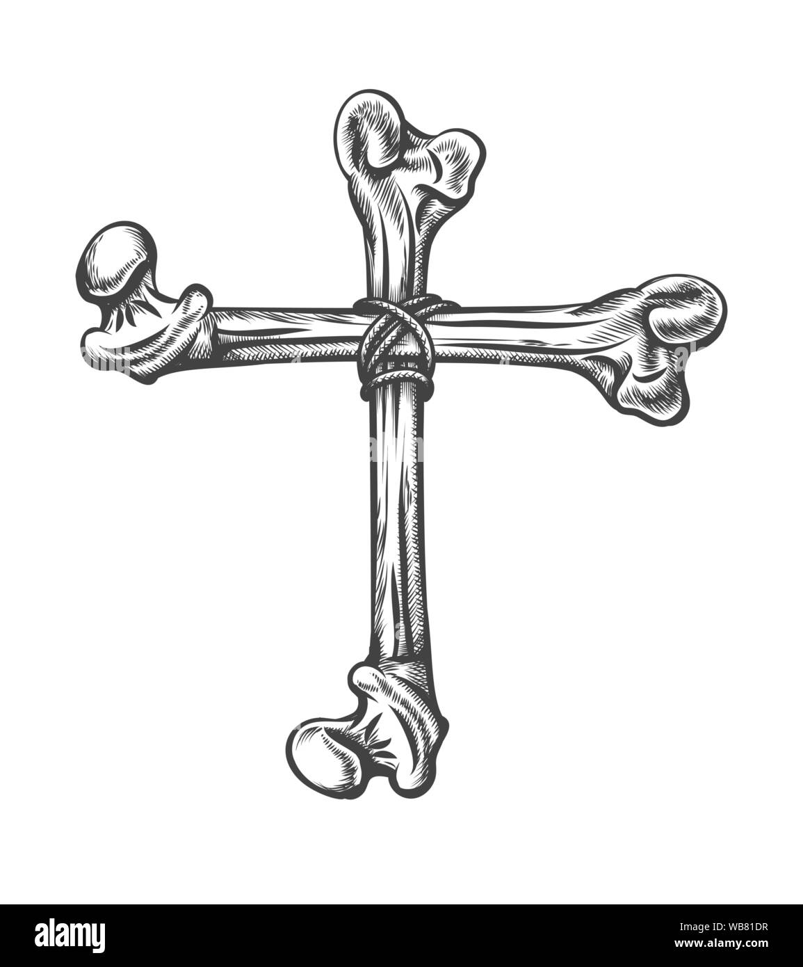 Cross made of human bones fastened with a rope. Vector Illustration in