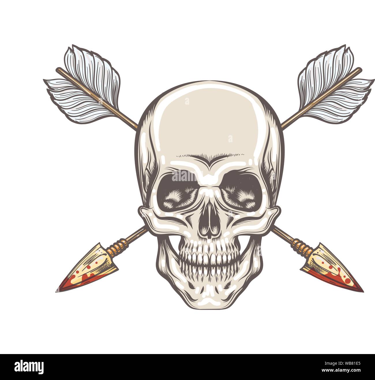 Human Skull with crossed arrows on white background. Vector Illustration in Tattoo style Stock Vector