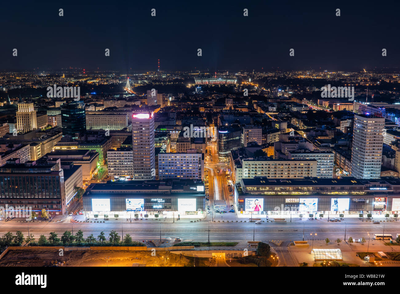 Warsaw, Poland June 14, 2019 Aerial view of Marszalkowska Street in