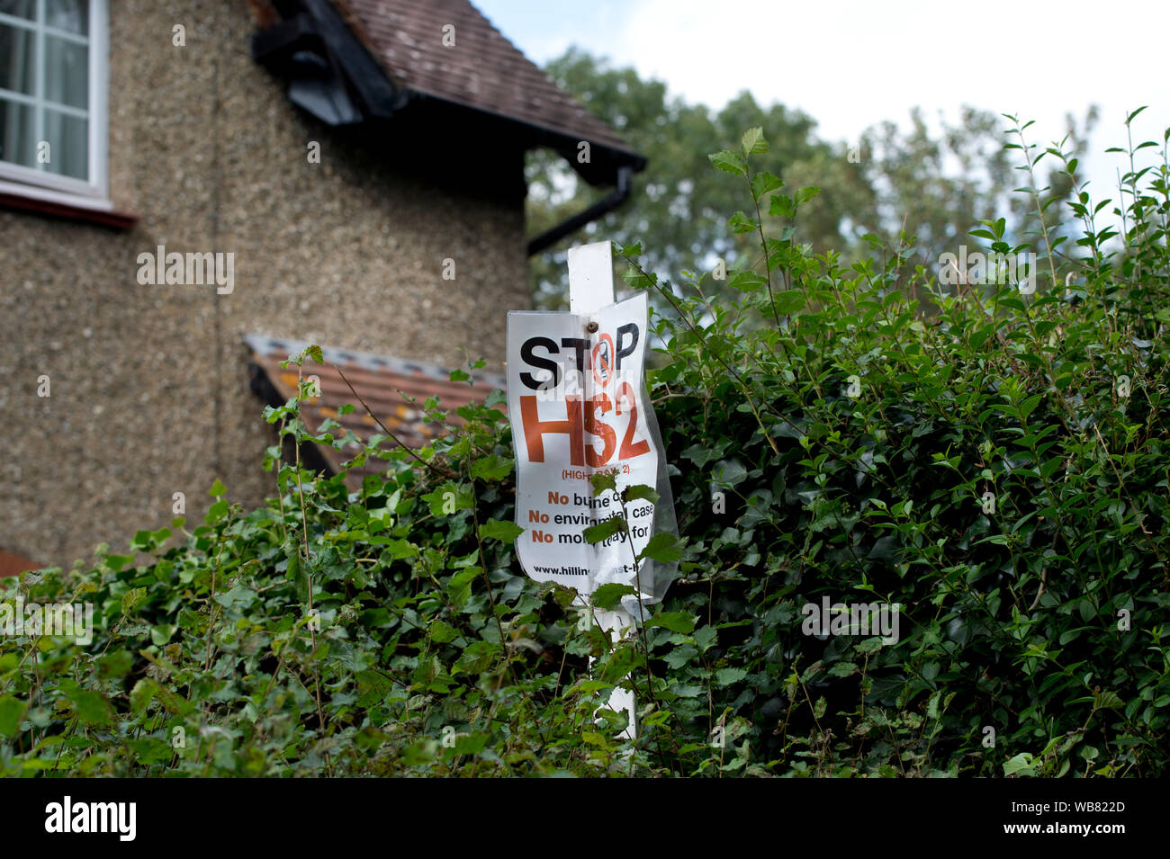 HS2. Colne valley. Harvil Road. A Stop HS2 poster on a lampost infront of a house on the HS2 site. Stock Photo