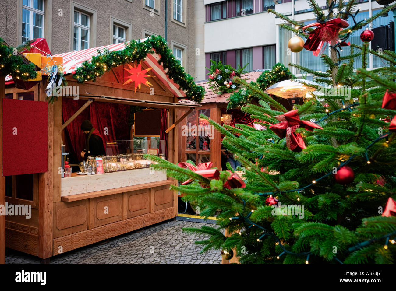 Decorated Christmas tree in Christmas market at Opera house in Berlin