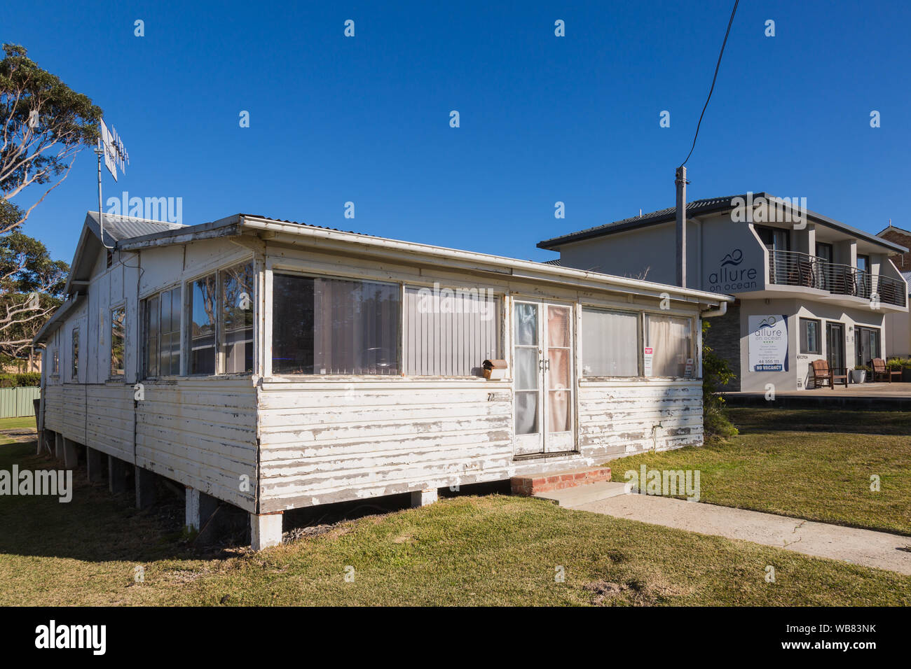 General views of a Weatherboard house, Mollymook Beach, Ulladulla, NSW Australia. Stock Photo