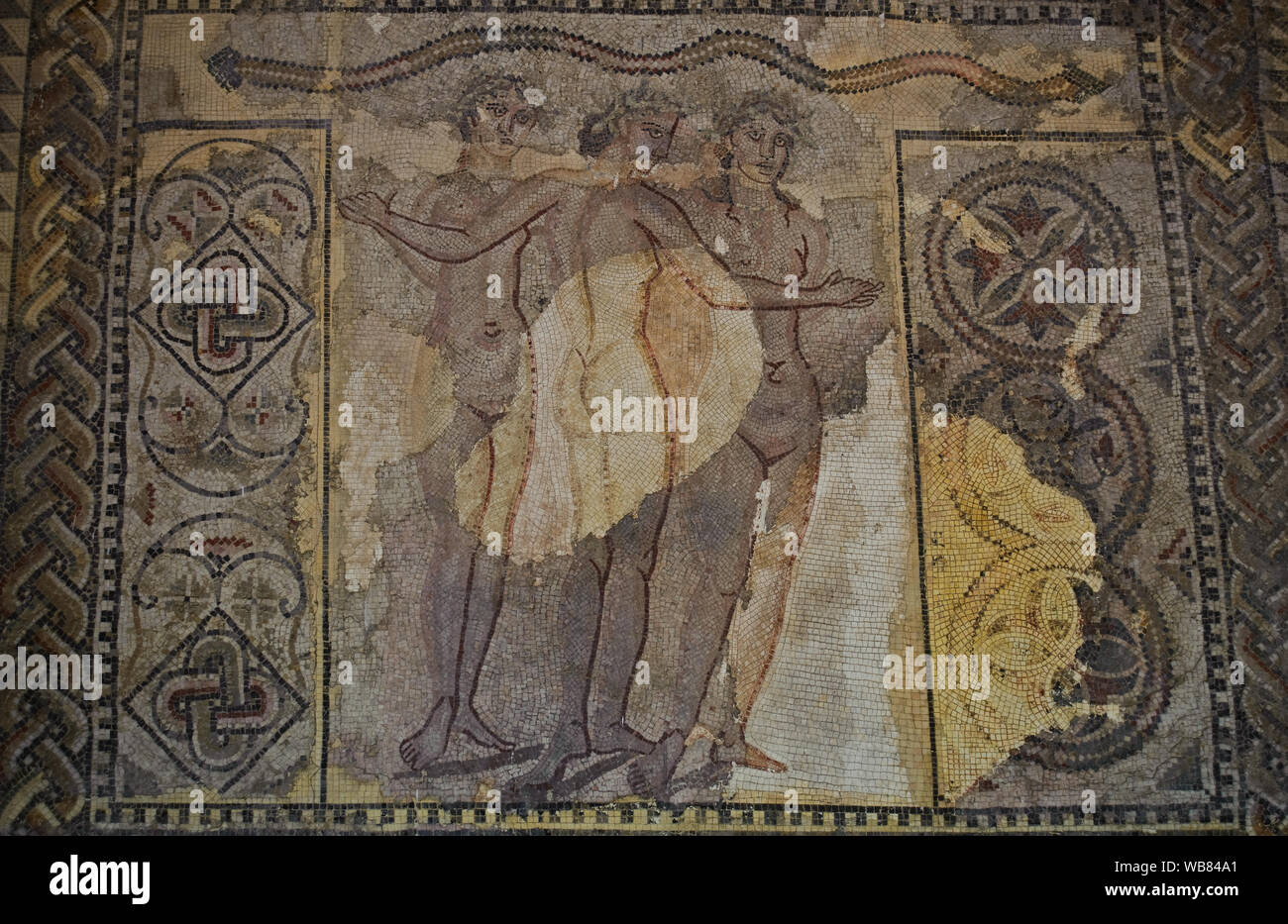 Mosaic called 'The three graces' ( Morocco). The mosaic is coming from the ancient Roman town of Lixus. Stock Photo