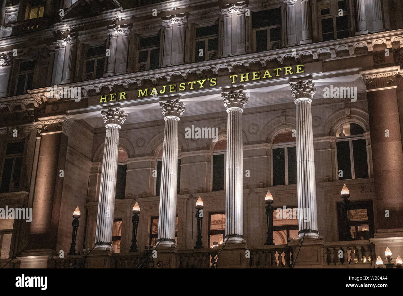 Her Majesty's Theatre at night in London. Stock Photo