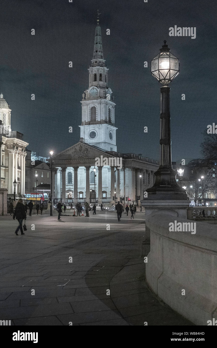 London street at night. Trafalgar Square. Stock Photo