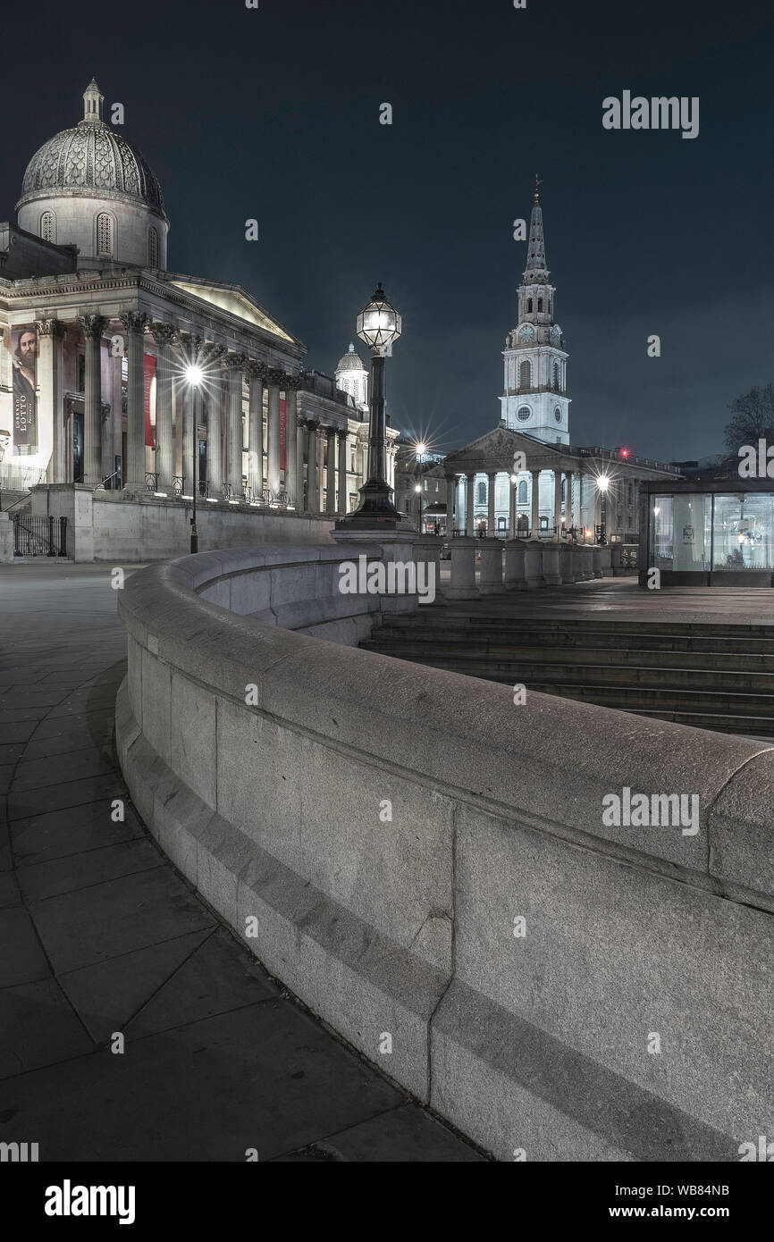 London street at night. Trafalgar Square. Stock Photo