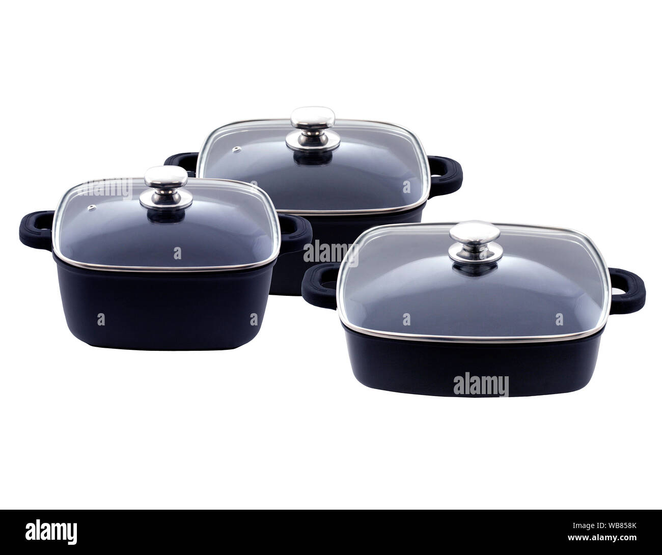 Set of deep frying pan with lid on white background. The pans are black. The pans have two