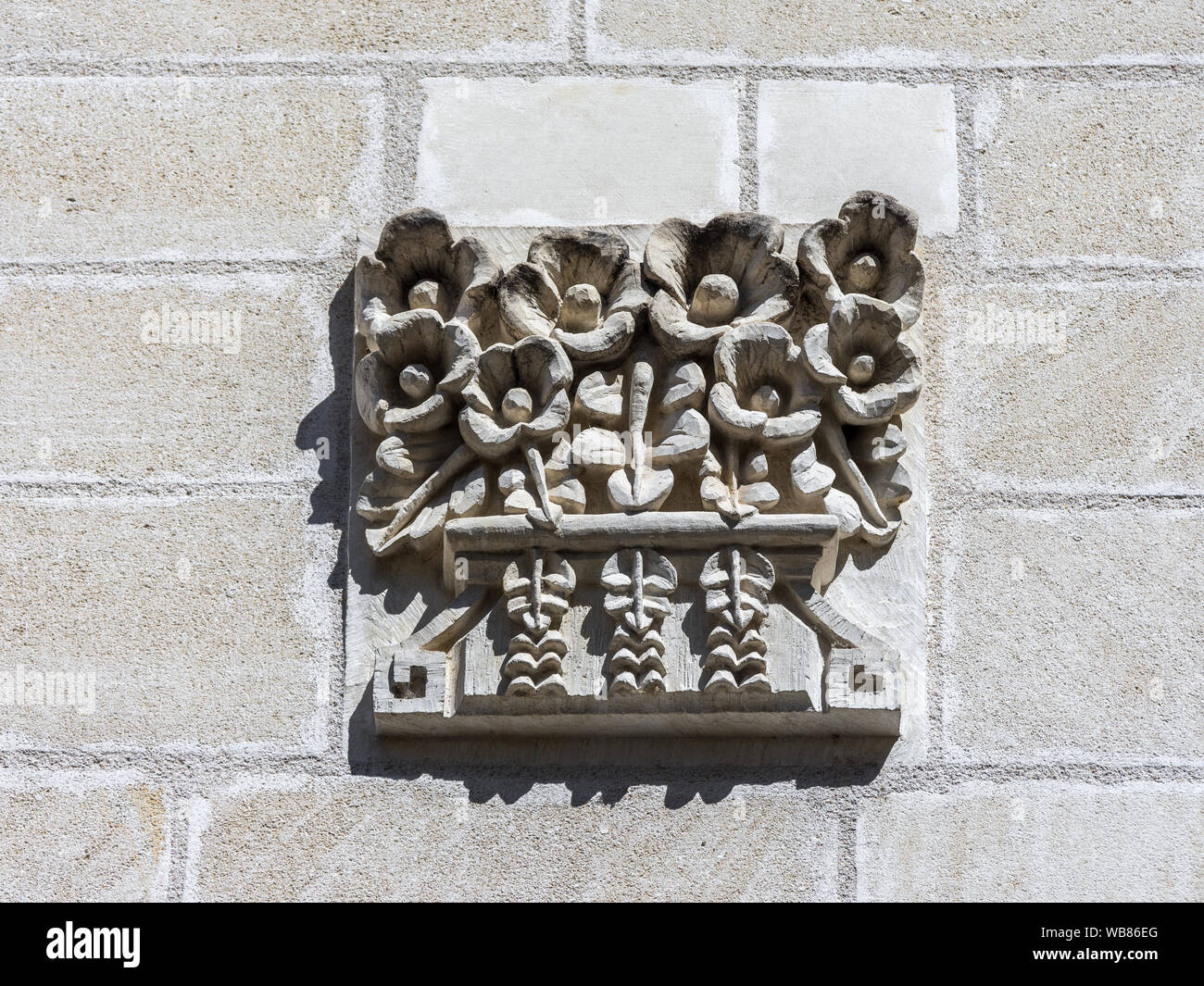 Carved stone signs on Rue du Panier Fleuri (flower basket), Tours, Indre-et-Loire, France. Stock Photo