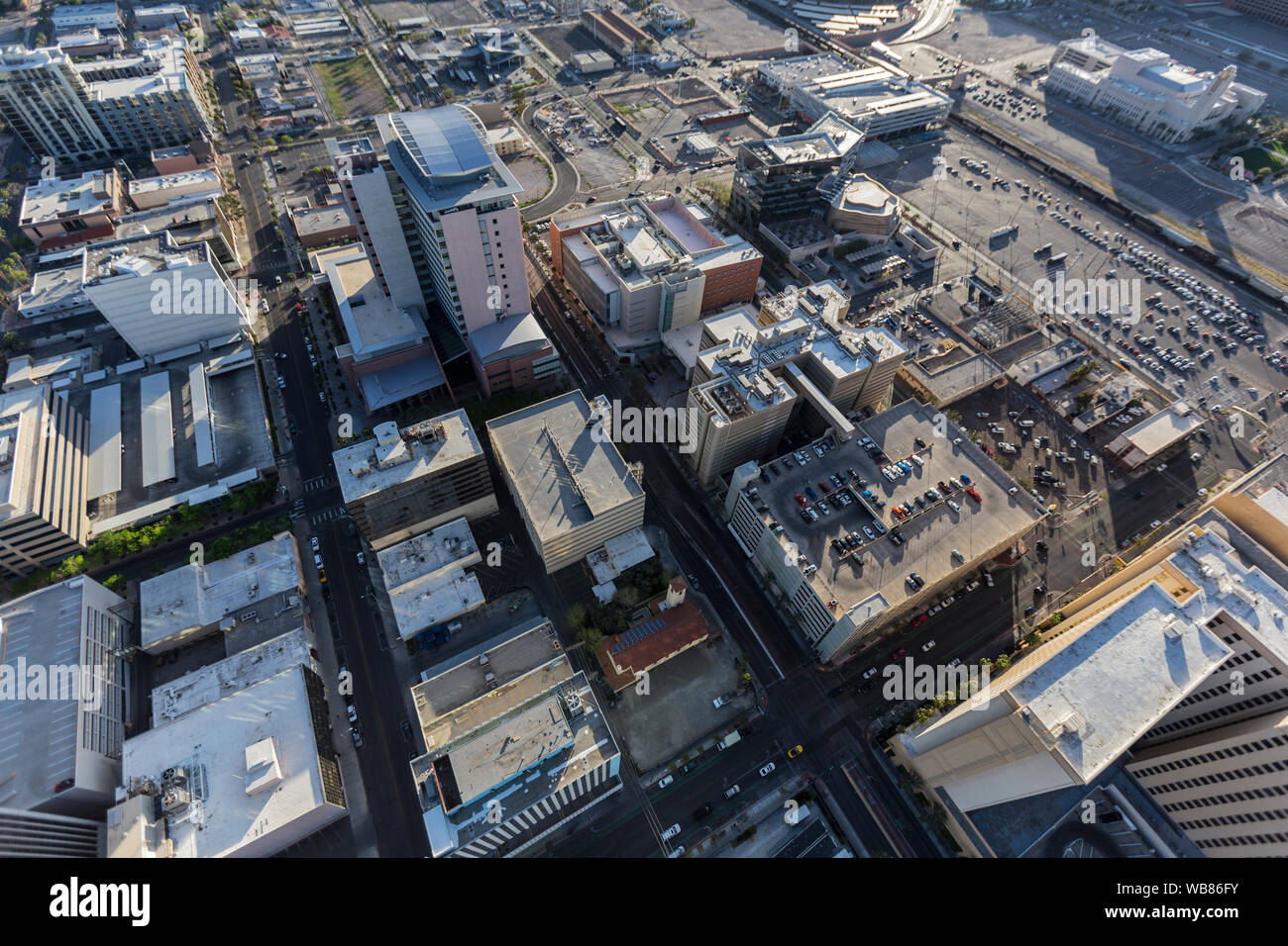 Aerial view of Clark County government buildings and South Casino Center Blvd in downtown Las Vegas, Nevada, USA. Stock Photo