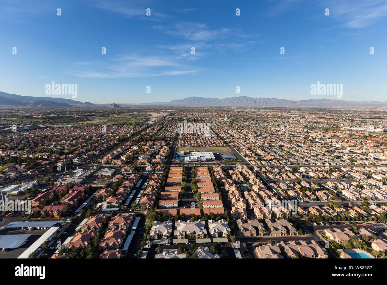Aerial view of the suburban neighborhoods in fast growing Las Vegas, Nevada. Stock Photo