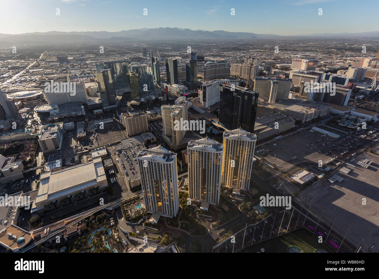 Las Vegas, Nevada, USA - March 13, 2017:  Aerial view of Signature at MGM, Hilton Grand Vacations and other resort towers near the Las Vegas Strip. Stock Photo