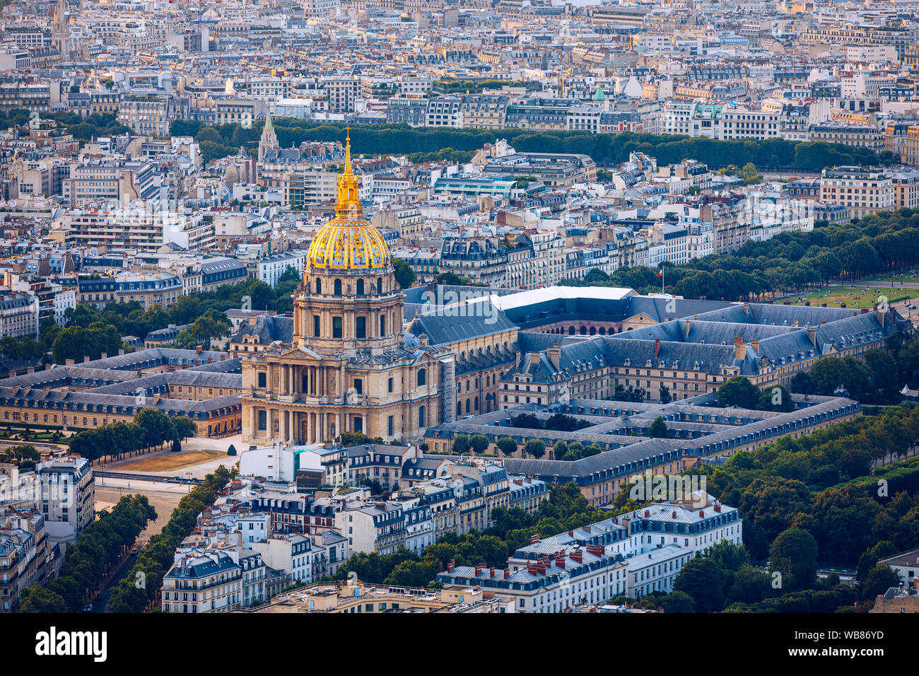 Paris aerial with Les Invalides, France. Twilight aerial view of Paris, France from Montparnasse Tower with Les Invalides building. Beautiful Les Inva Stock Photo