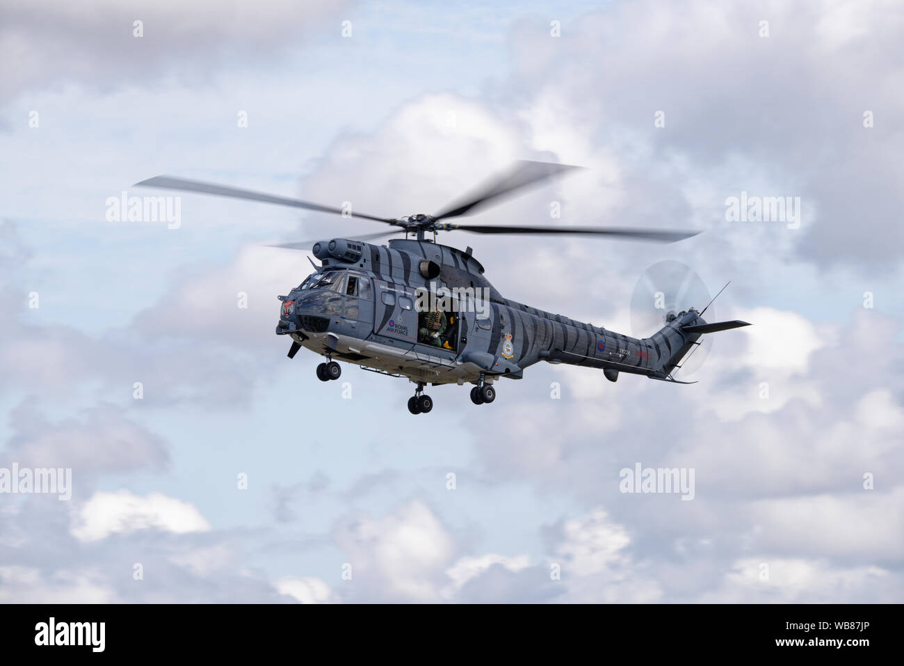 British Royal Air Force Aerospatiale Puma Helicopter arrives at RAF Fairford to participate in the Royal International Air Tattoo Stock Photo