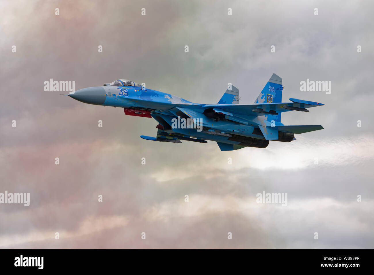Sukhoi SU-27 air-superiority  fighter aircraft of the Ukranian 831st Tactical Aviation Brigade puts on an impressive flying display at the RIAT Stock Photo