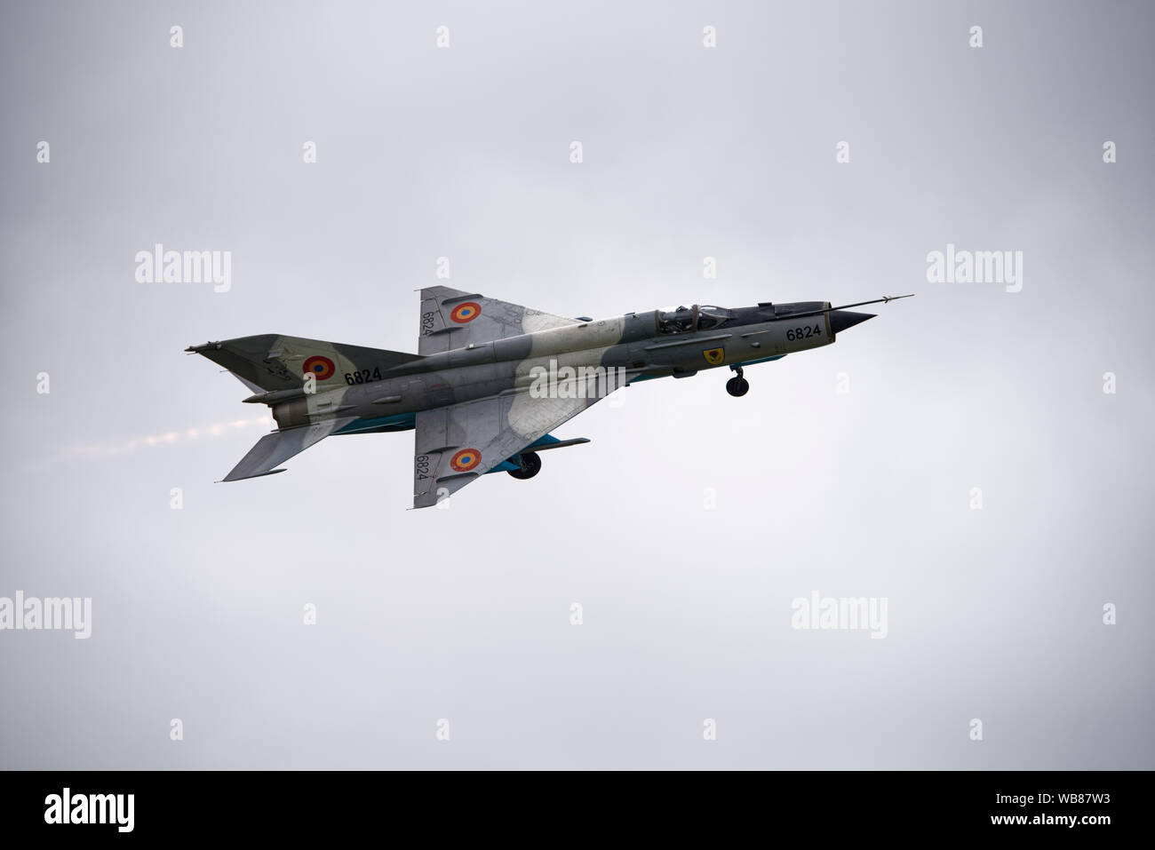 Mikoyan-Gurevich MiG-21 of the Romanian Air Force displays at the British Royal International Air Tattoo Stock Photo