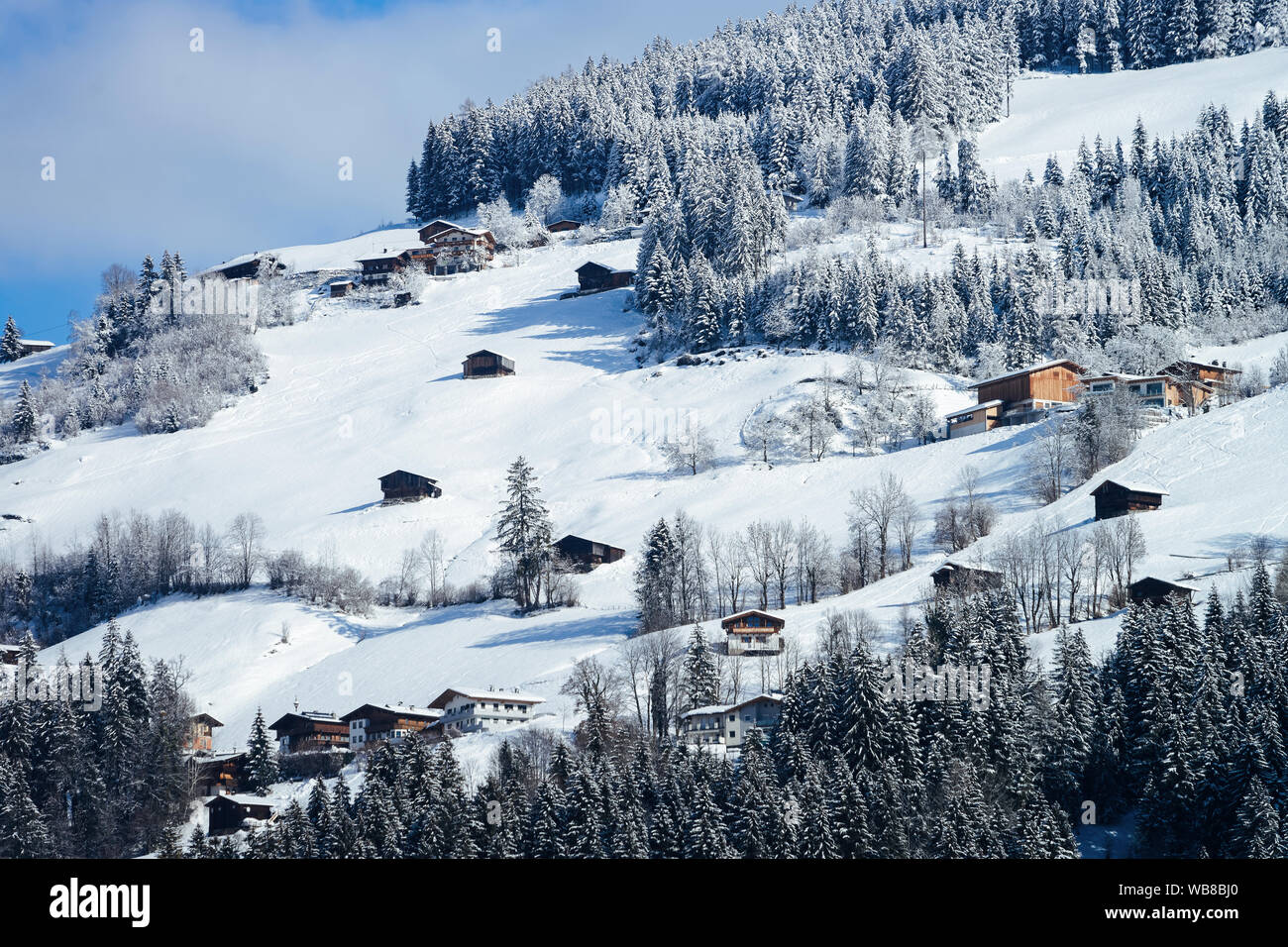 Scenery and snowy winter landscape of Apls at Mayrhofen in Zillertal valley near Innsbruck in Austria. Cottage houses and Forest with snow view at Alp Stock Photo