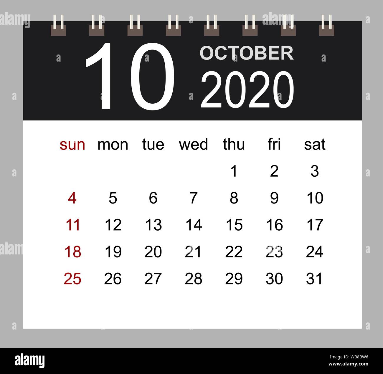 Business calendar 2020 of October. Notebook isolated page. Week starts ...