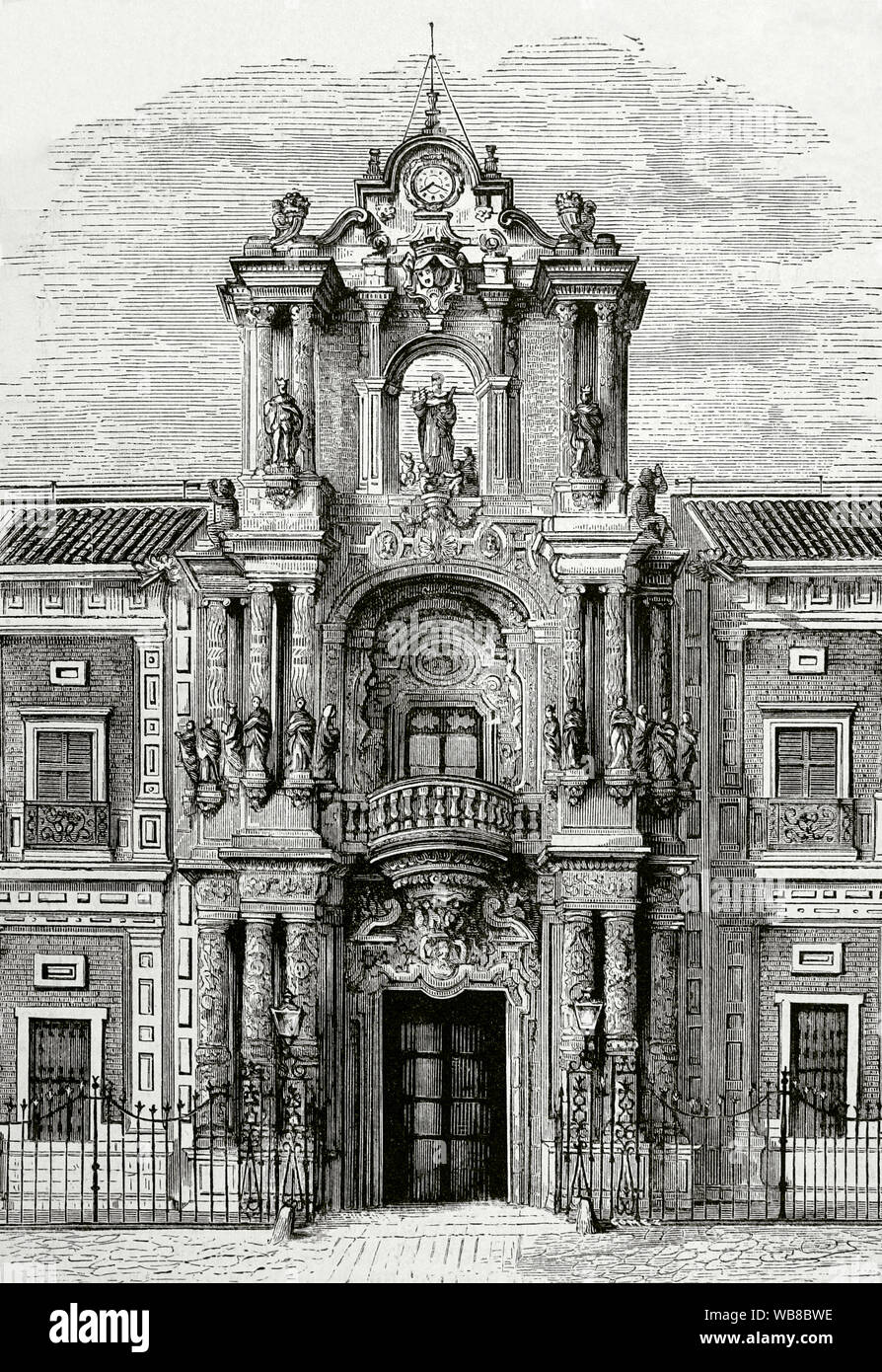 Spain, Andalusia, Seville. The Palace of San Telmo. It was built in 1682 in Baroque style. Churrigueresque portal on the main facade. Engraving. La Ilustracion Española y Americana, July 30, 1876. Stock Photo