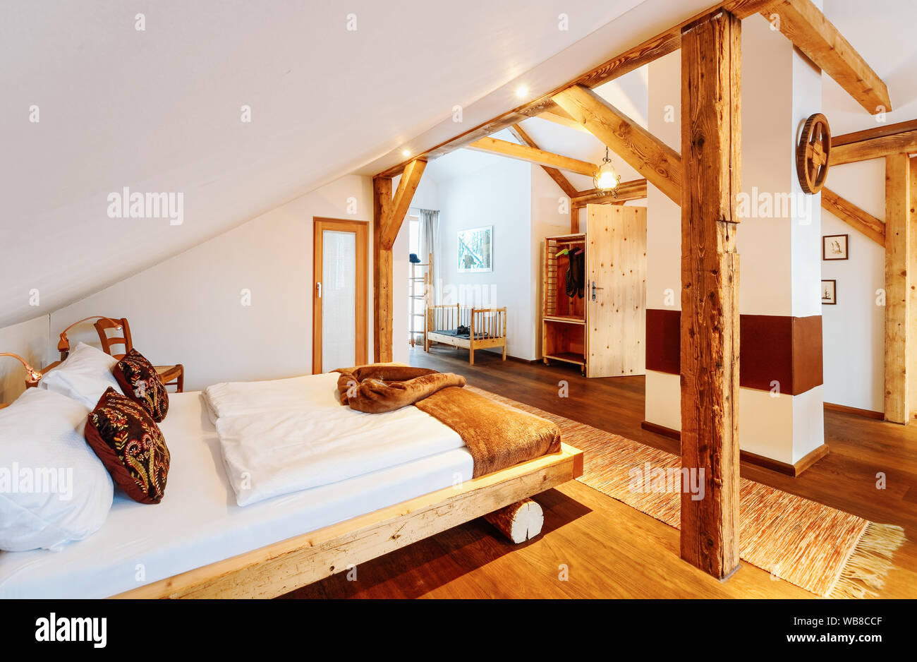 Interior Of Wood Bedroom Modern Design Of Bed Wooden Furniture Of Room Home Decor House Apartment Cozy Style Rustic Vintage And Handicraft Stock Photo Alamy