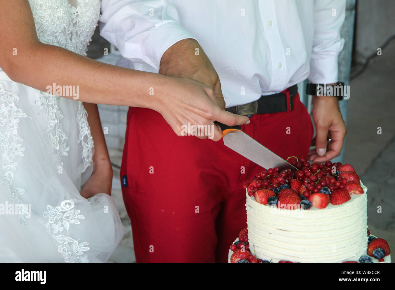 The detail of the hands of the bride and groom during the wedding ceremony. They are cutting together the wedding cake. Stock Photo