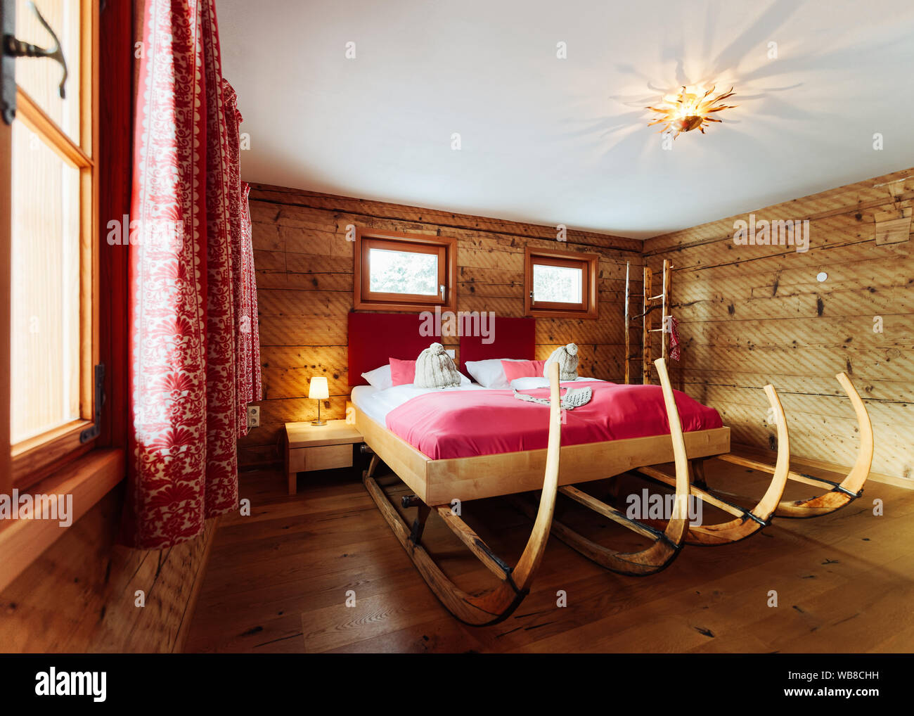Interior Of Bedroom Modern Design Of Pink Bed Wooden Furniture Of Room Home Decor House Apartment Cozy Style Rustic Vintage And Handicraft Stock Photo Alamy