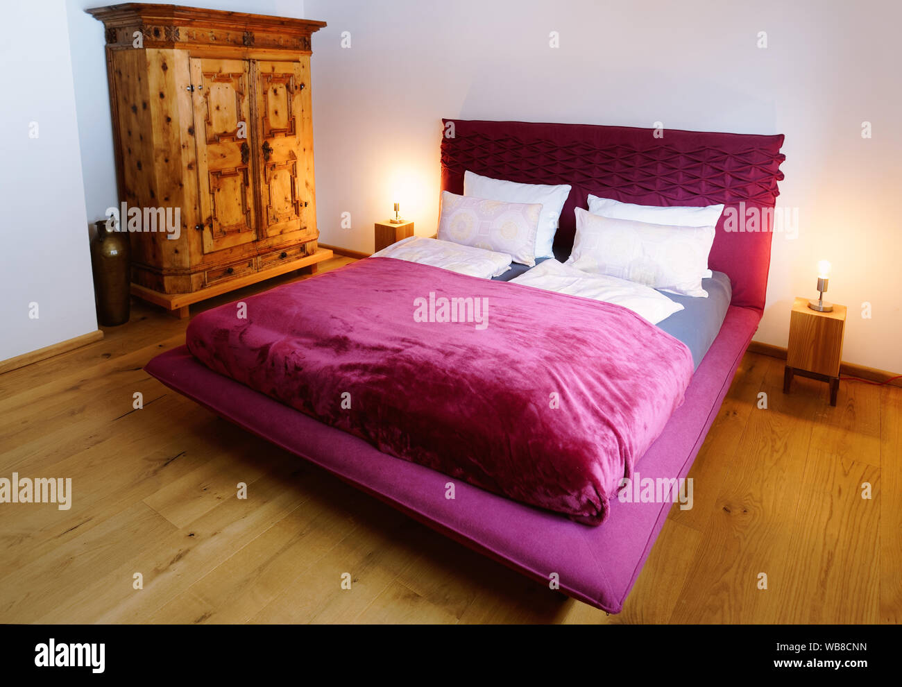 Interior With Bedroom Modern Design Of Pink Bed Wooden Furniture Of Room Home Decor House Apartment Cozy Style Rustic Vintage And Handicraft Stock Photo Alamy