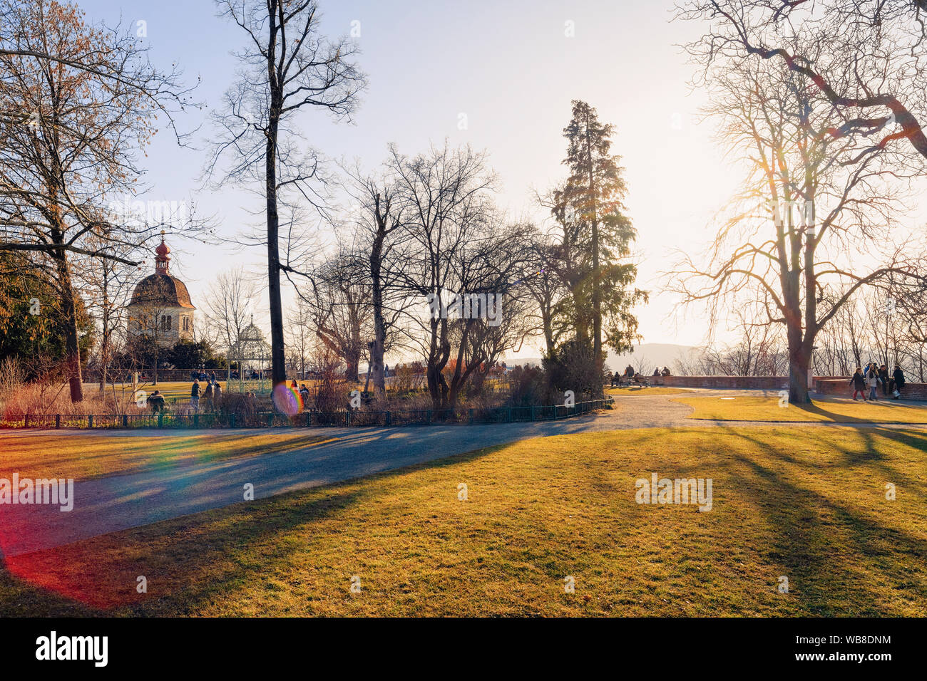 Sunset in Schlossberg park in Downtown and Old city of Graz in Austria ...