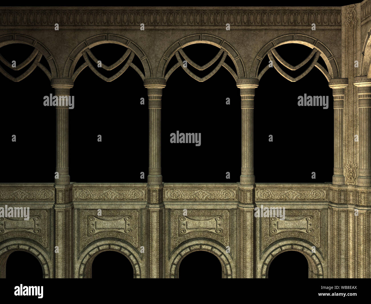 Ancient wall with pillars and arches, 3d rendered illustration Stock