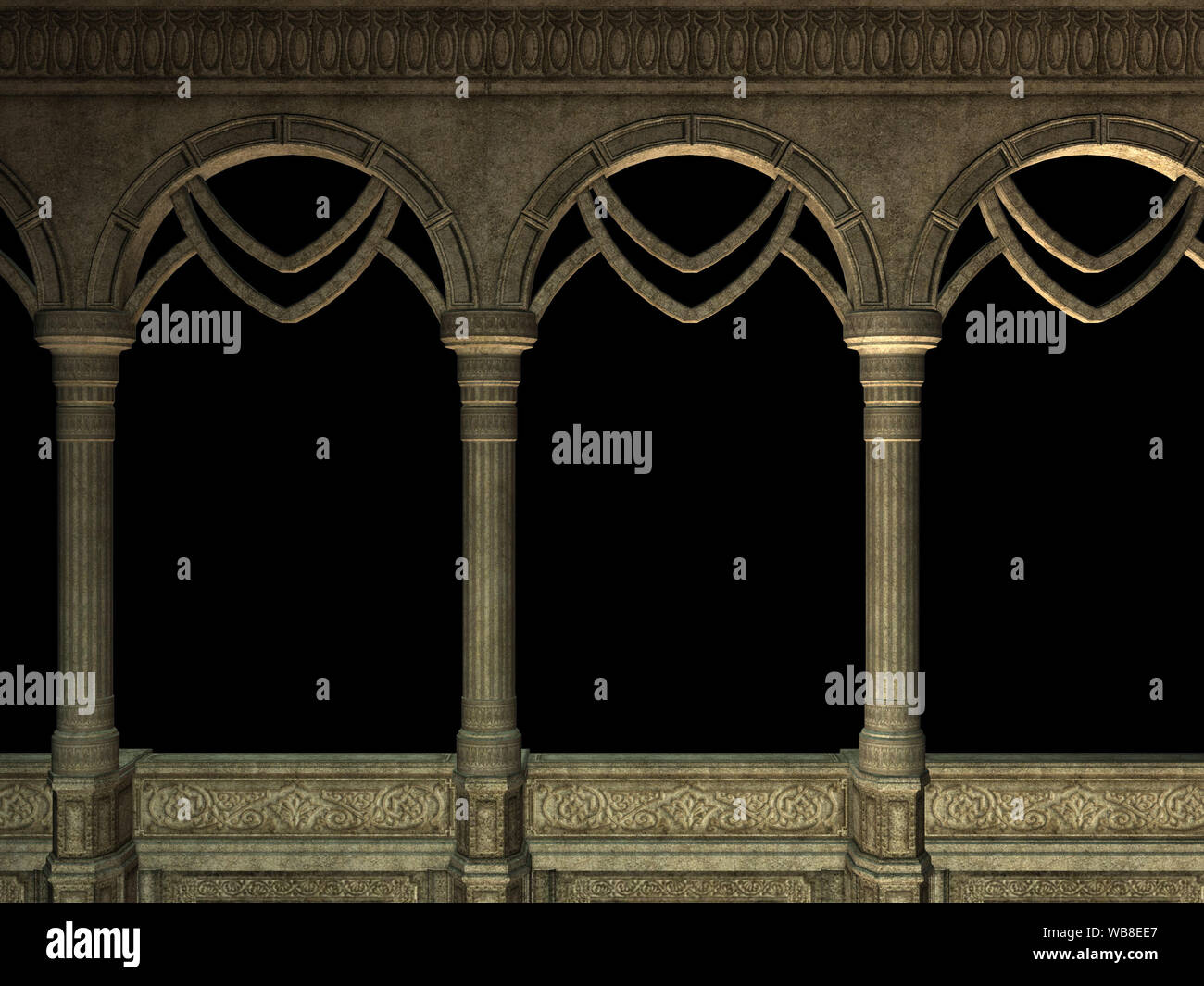 Ancient wall with pillars and arches, 3d rendered illustration Stock