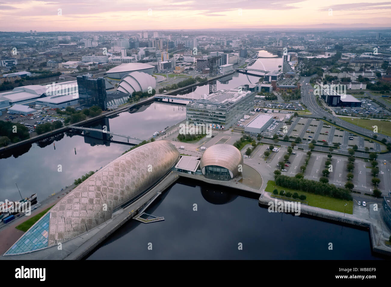 Aerial view of Glasgow science centre, SECC and Hydro Area on the river