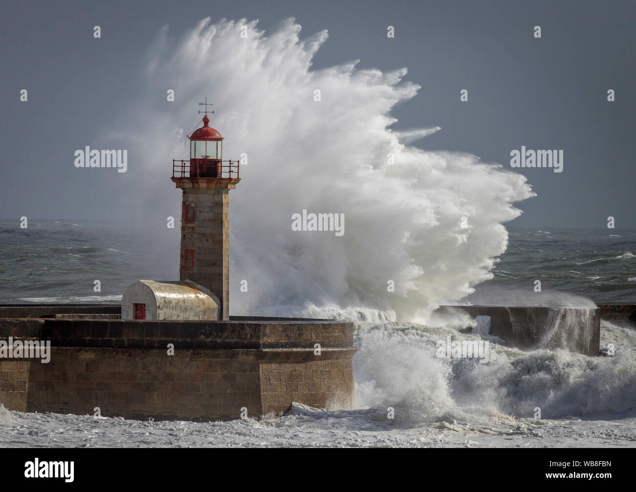 Big waves hit the Felgueiras lighthouse Stock Photo