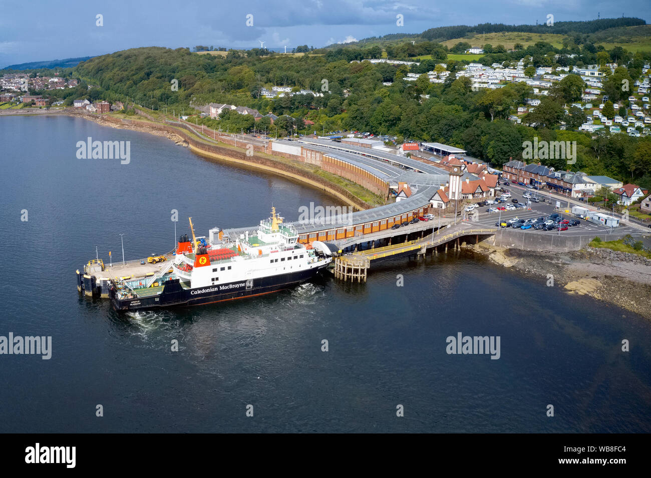 Ship ferry landing arrival aerial view at dock port at Wemyss Bay