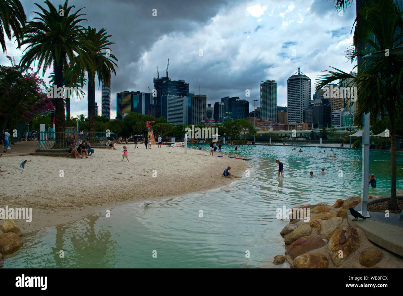 Streets Beach in South Bank Parkland. It's inner-city man-made beach next to city center. Stock Photo