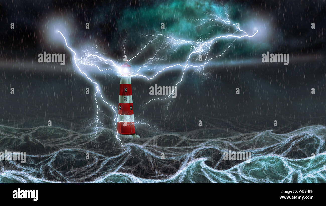 Lighthouse illuminated at night stormy sea in thunderstorm, digital ...