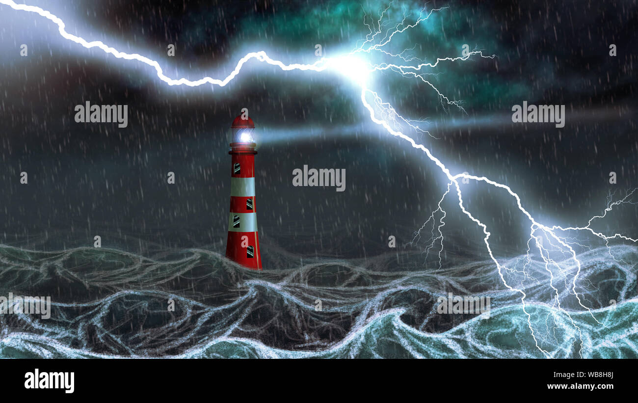 Lighthouse illuminated at night stormy sea in thunderstorm, digital illustration. Stock Photo