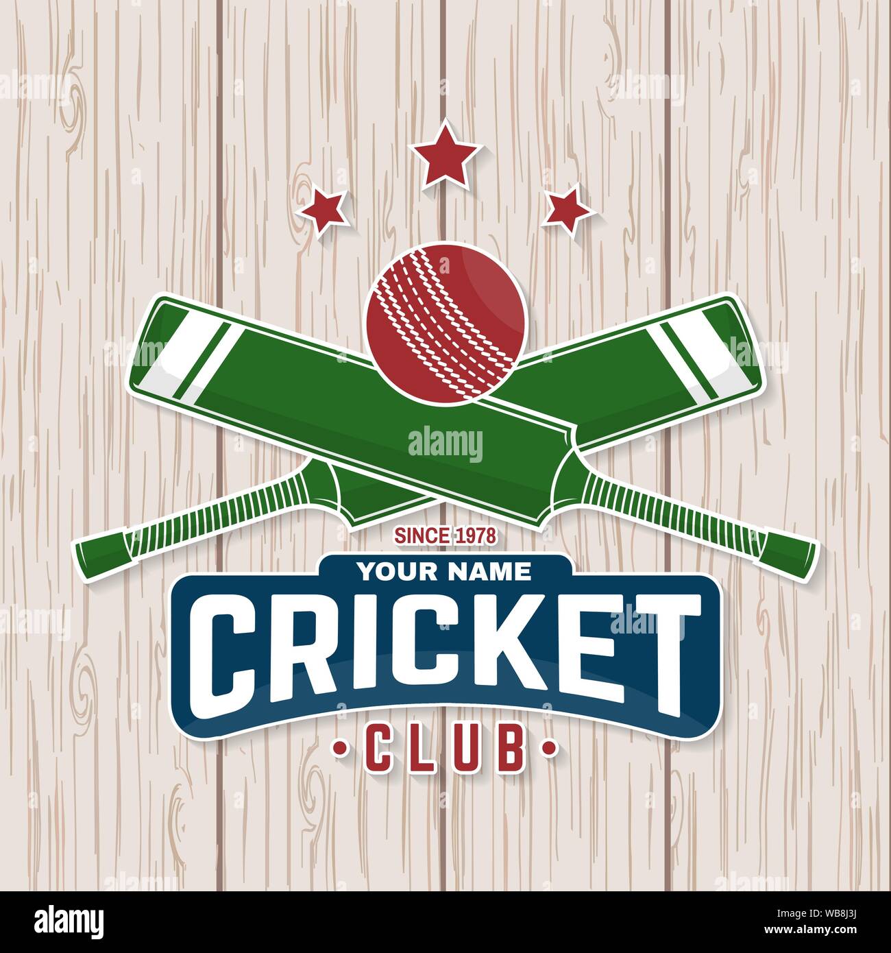 Cricket club patch or sticker. Vector illustration. Concept for shirt, print, stamp or tee. Vintage typography design with cricket bat and ball silhouette. Templates for sports club. Stock Vector